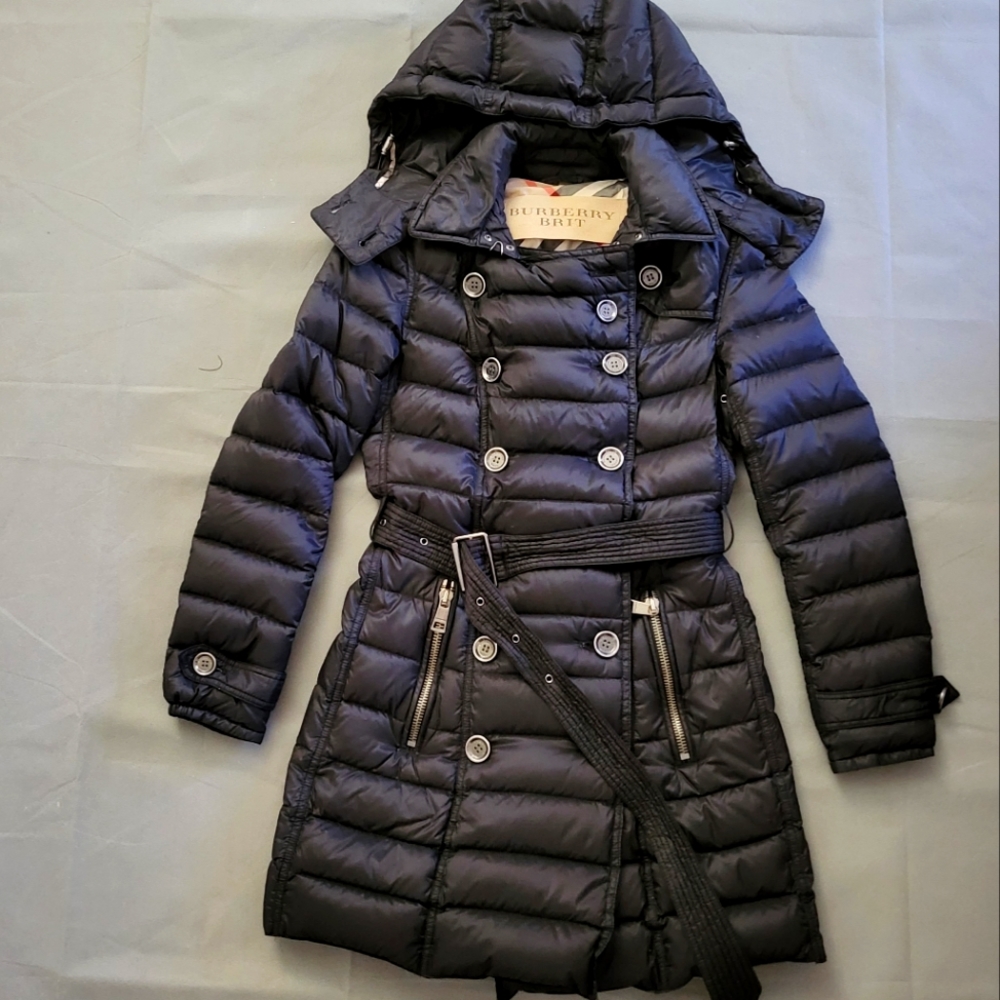 Burberry Brit Double Breasted Belted Detachable Hoodie Black Puffer Coat